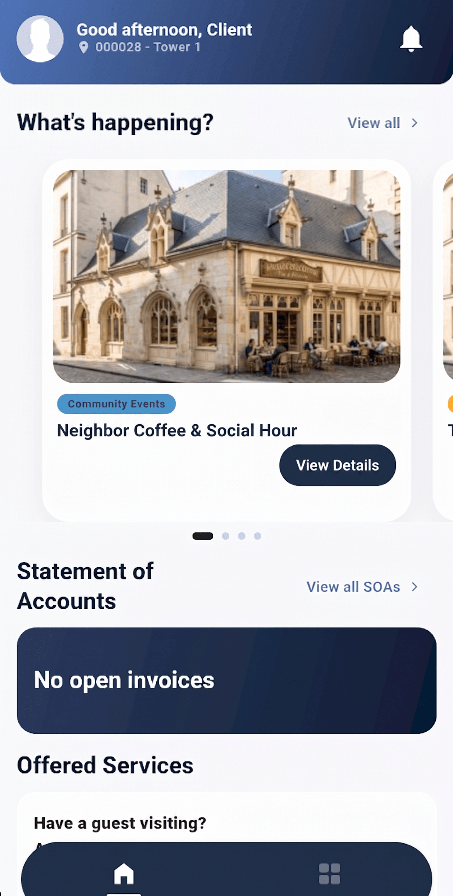 GoConnect Mobile App - Resident Home with events, invoices and services